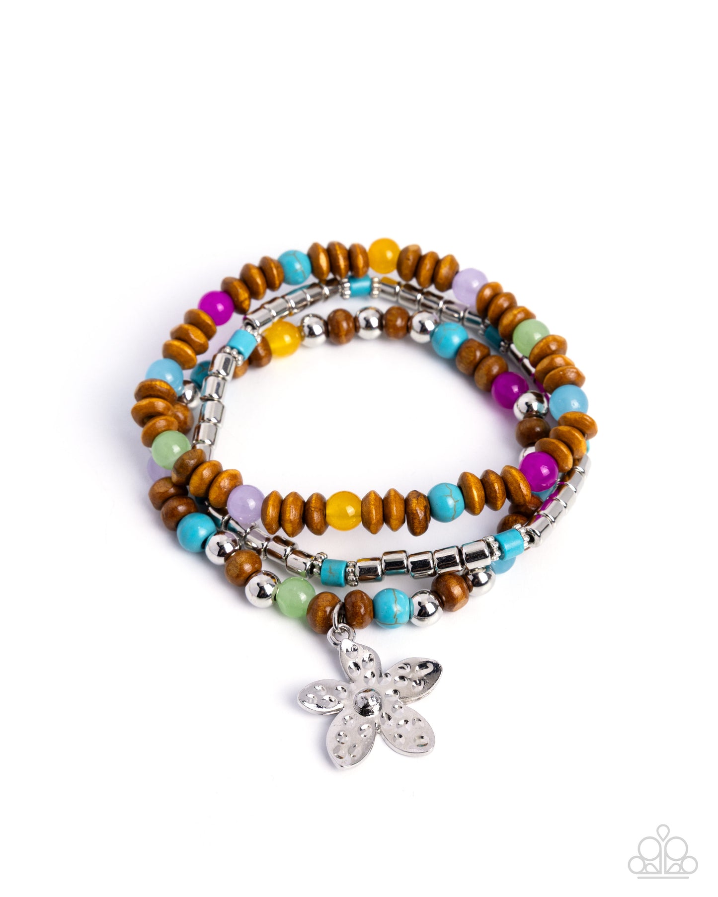 Stack of colorful beaded bracelets with a silver butterfly charm on a white background
