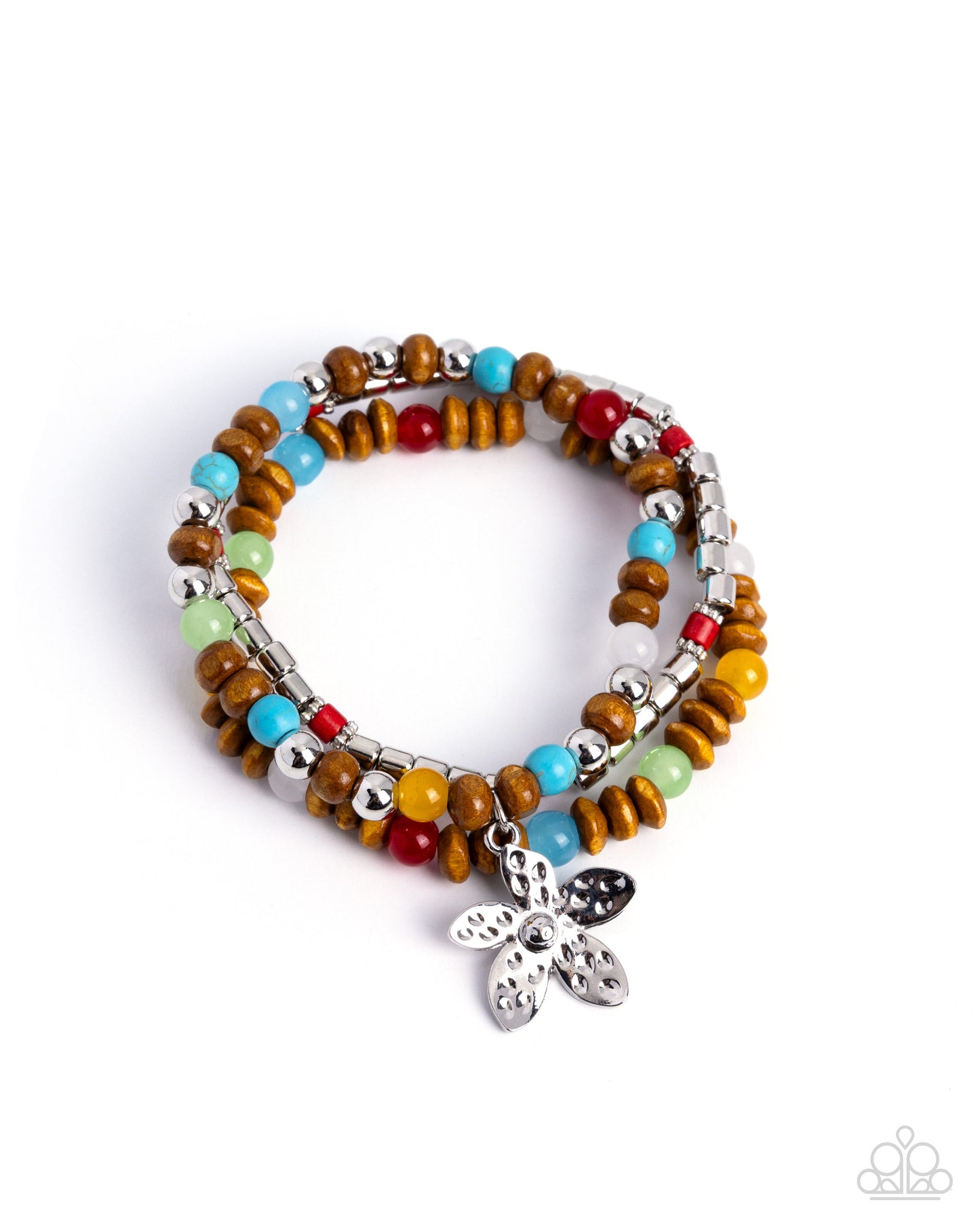 Multicolored beaded bracelet with a silver charm on a white background