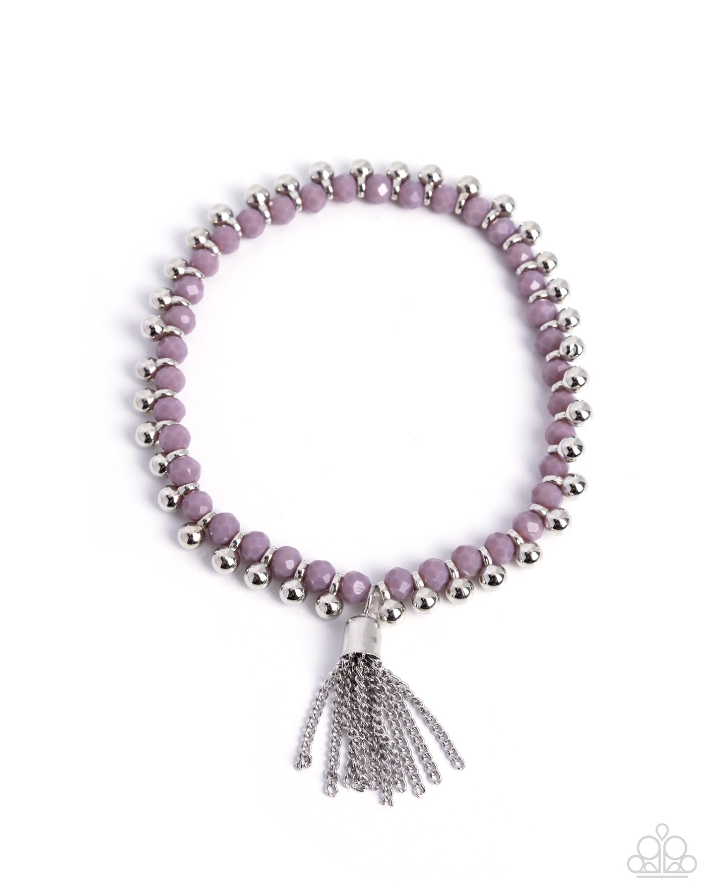 Purple beaded bracelet with silver beads and tassel on a white background