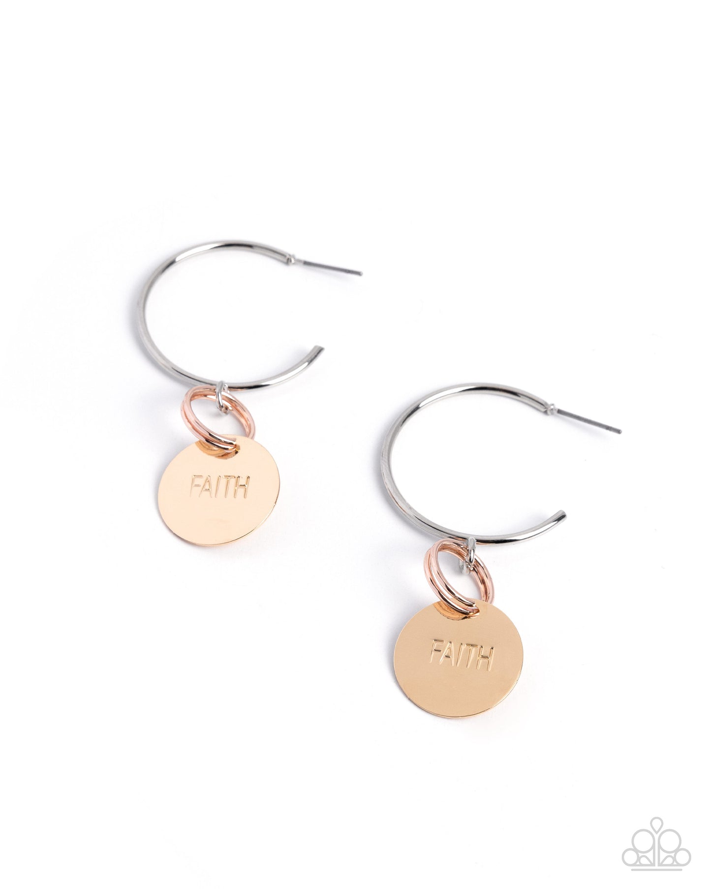 Pair of hoop earrings with 'FAITH' charms on a white background