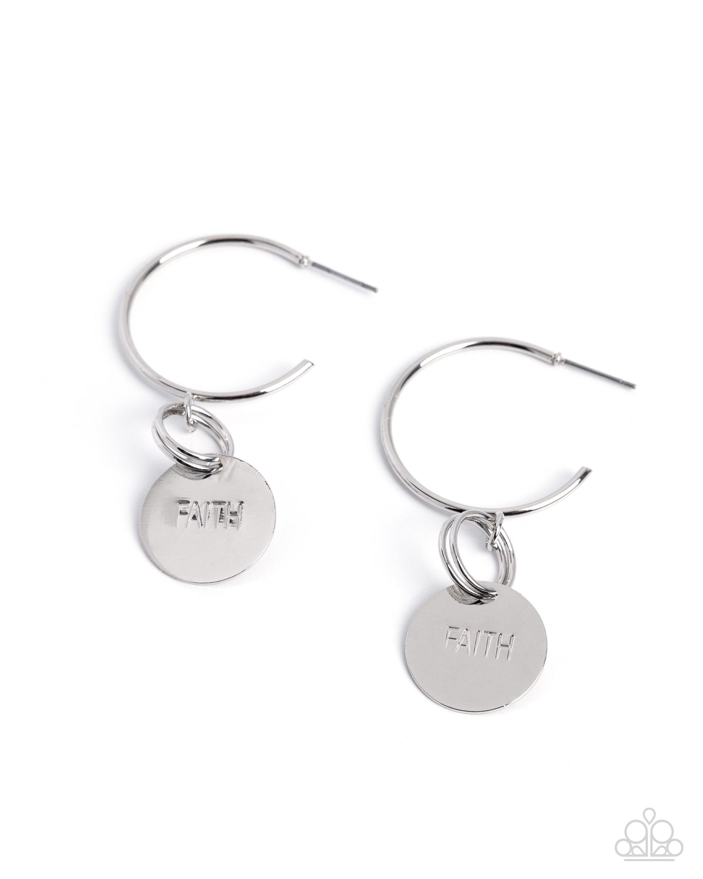 Silver hoop earrings with 'FAITH' charms on a white background