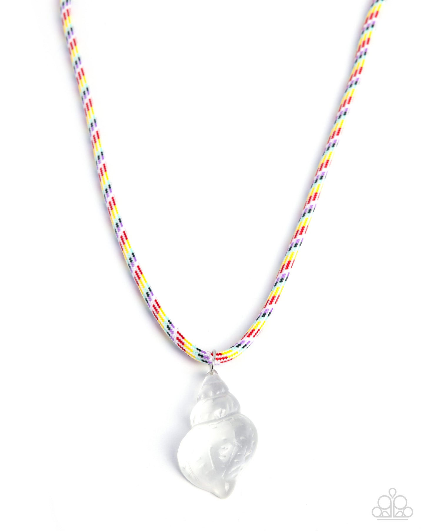 Necklace with a white heart pendant on a multicolored cord against a white background