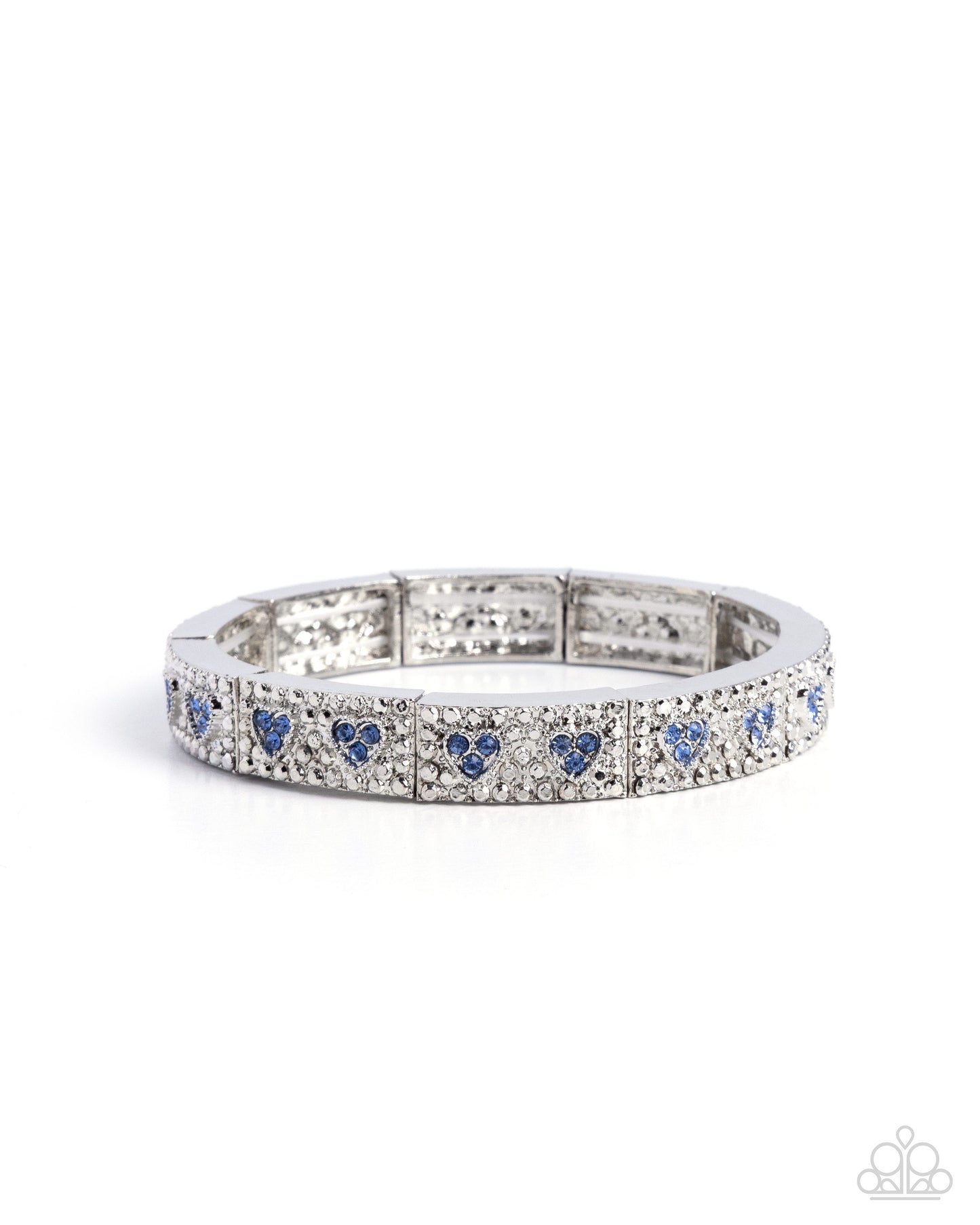 Silver bracelet with blue heart-shaped stones on a white background