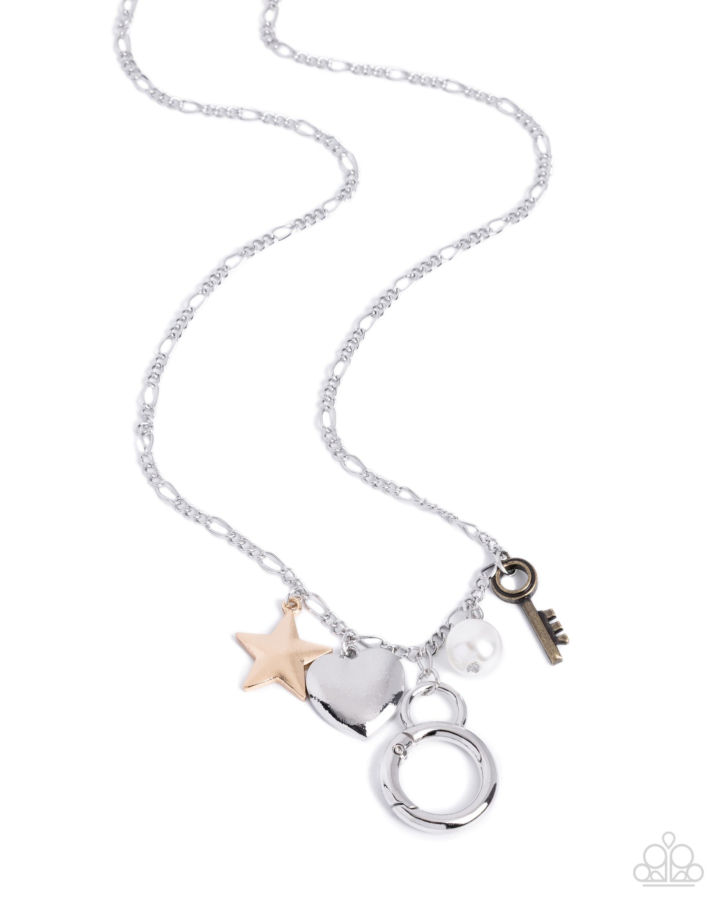 A silver chain necklace featuring multiple charms, including a silver heart, a silver ring, a silver key, a pearl bead, and a gold star, displayed on a clean white background.