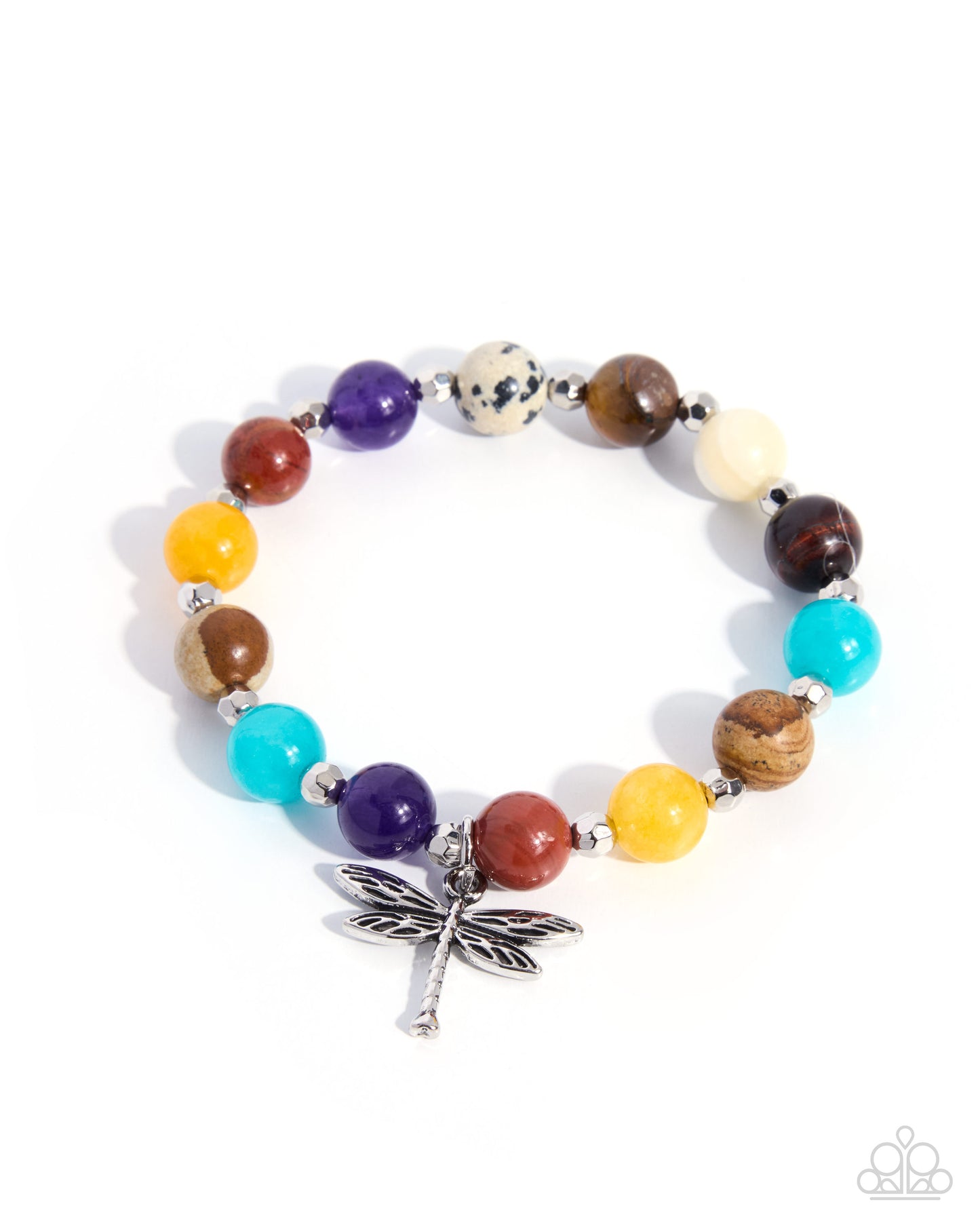Multicolored beaded bracelet with a dragonfly charm on a white background