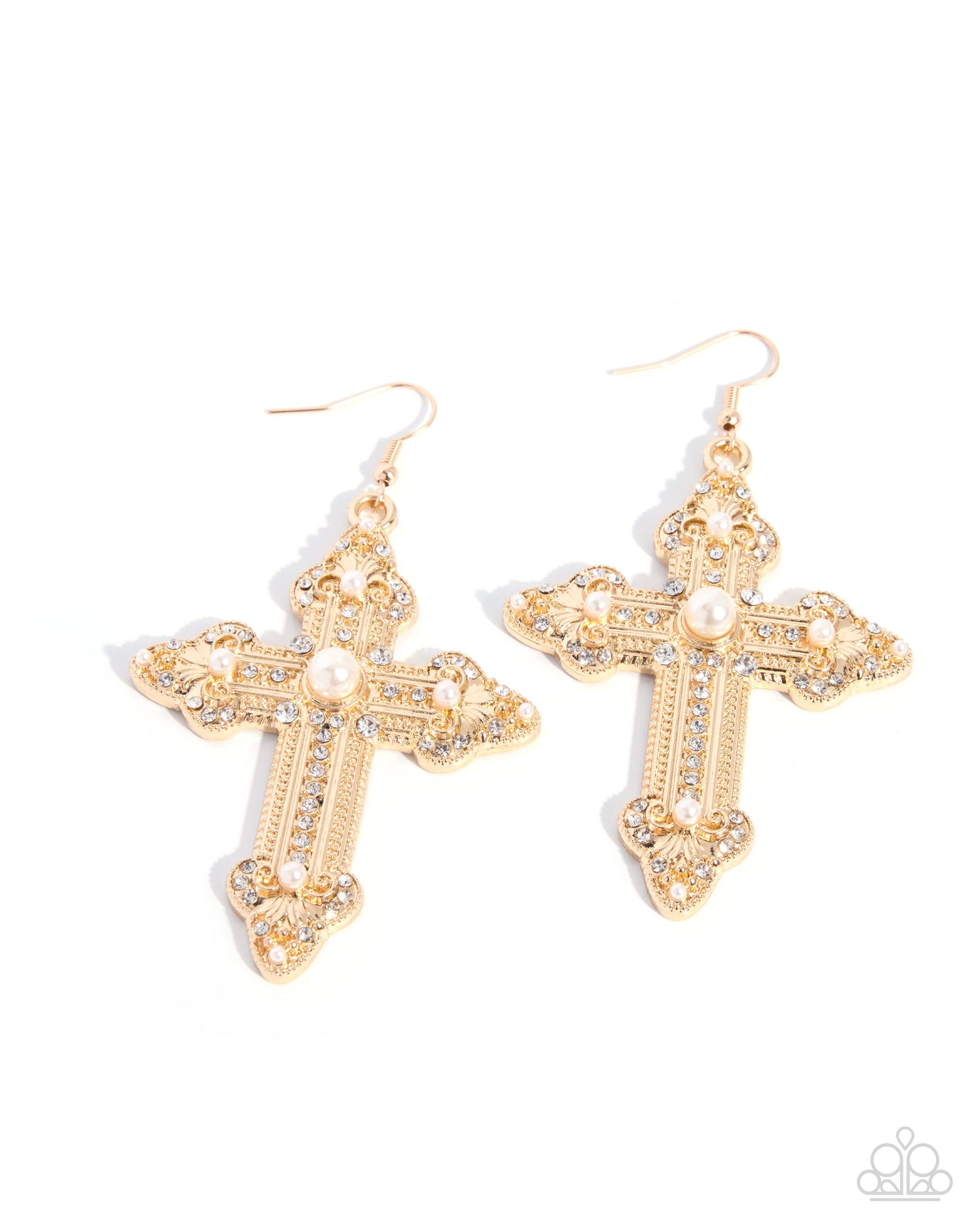 A pair of gold cross dangle earrings decorated with clear rhinestones and white faux pearls, shown on a plain white background.