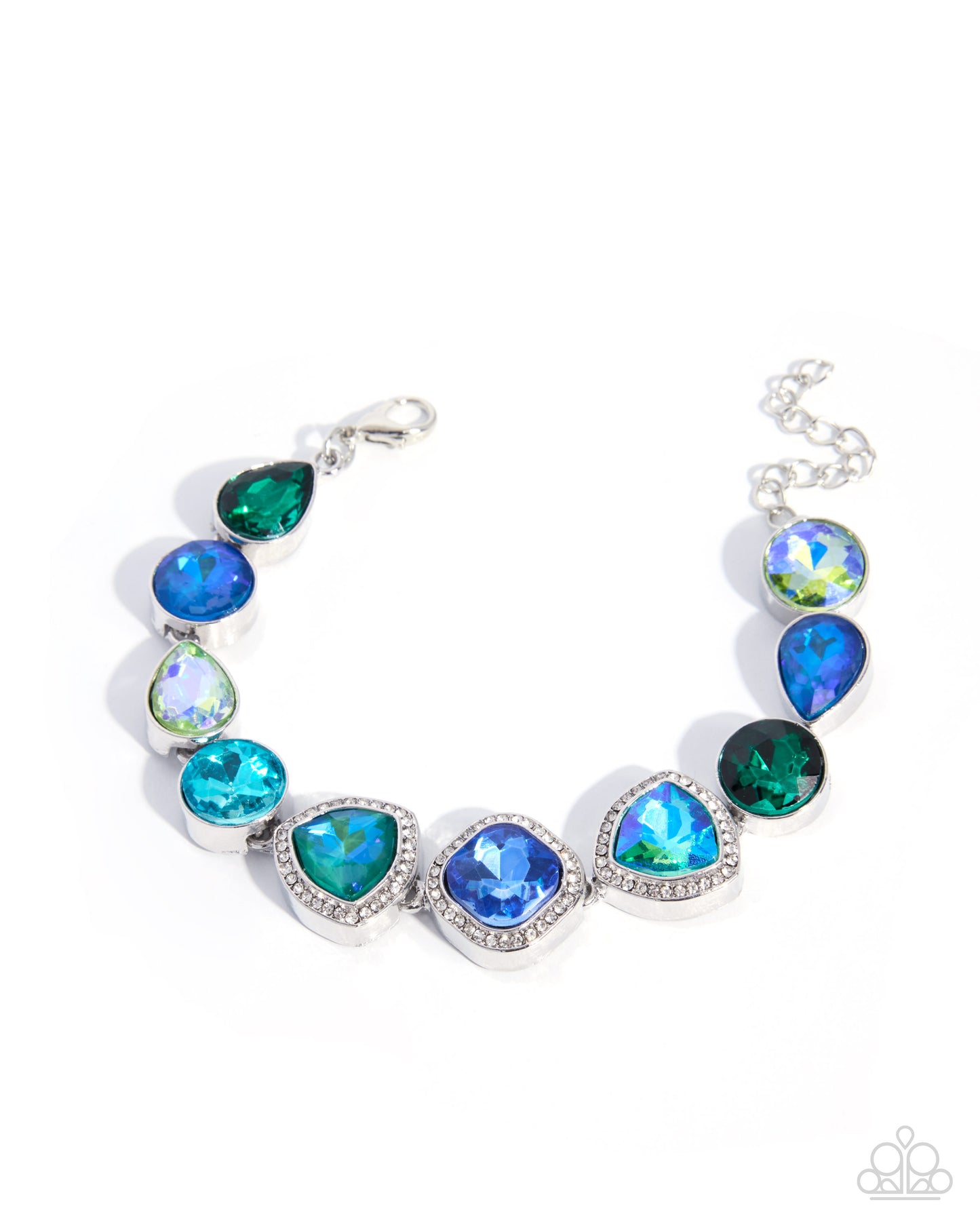 A silver-tone bracelet featuring a row of teardrop and oval-cut blue and green rhinestones, photographed on a clean white background.
