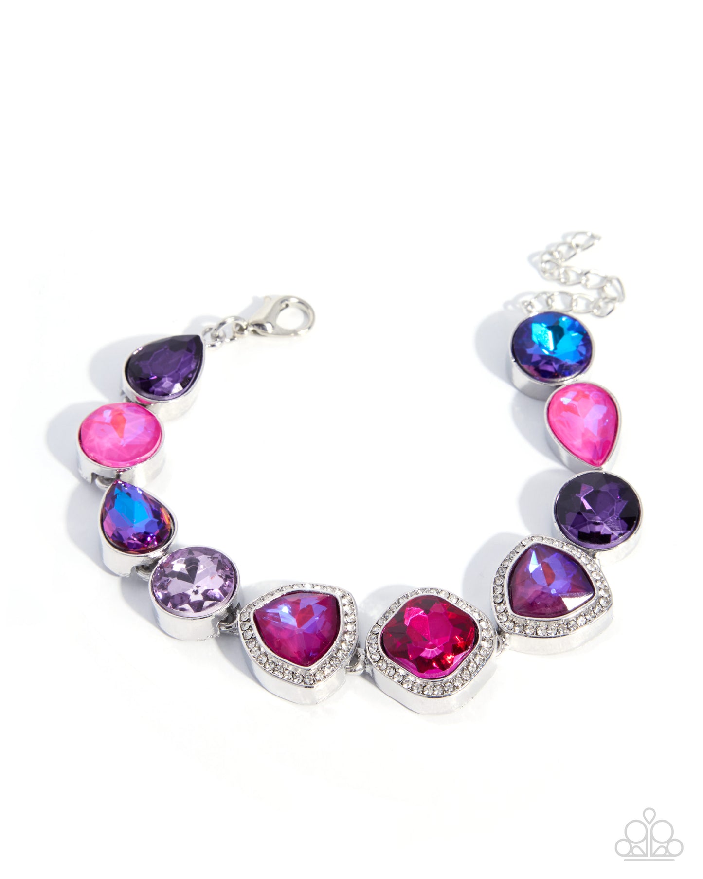 A silver-tone bracelet featuring a series of teardrop and oval rhinestone-studded settings with vibrant pink, purple, and blue iridescent crystals, displayed on a clean white background.