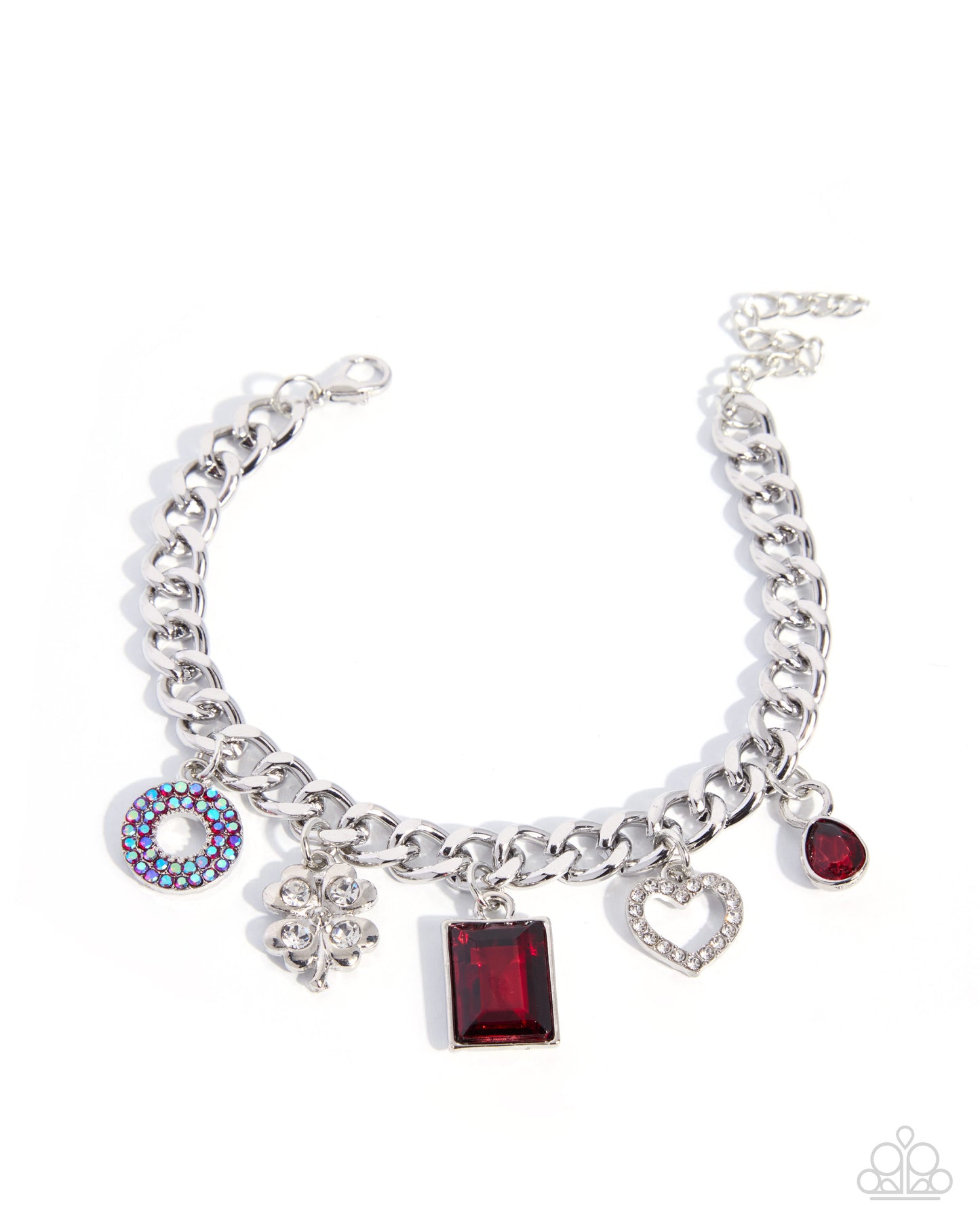 A silver-tone charm bracelet featuring a curb chain, a round rhinestone donut charm, a silver floral charm, a rectangular red gemstone charm, a heart-shaped crystal charm, and a small red gemstone charm, displayed on a clean white background.