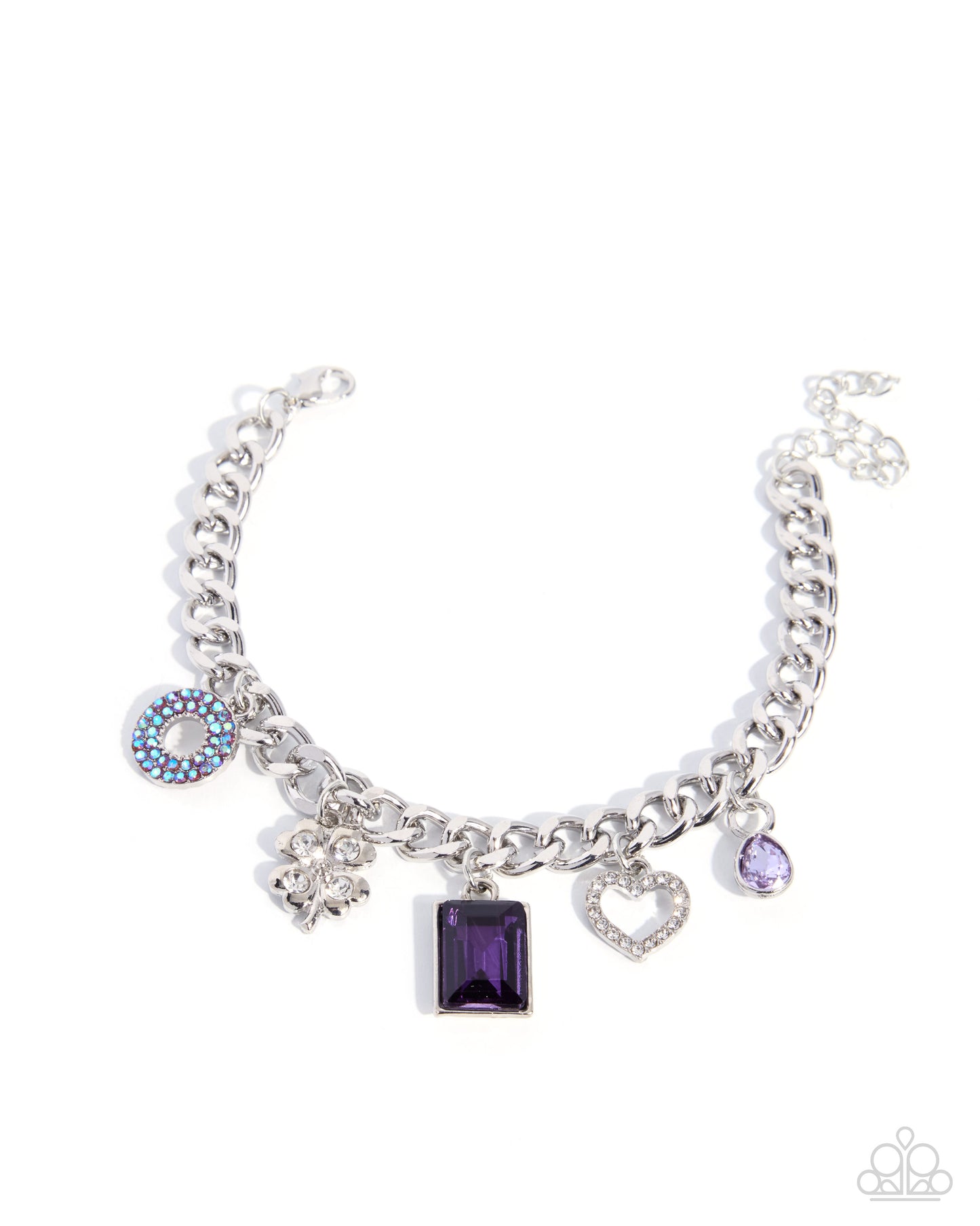 A silver-tone charm bracelet featuring multiple dangling charms, including a central rectangular purple gemstone, a heart-shaped crystal charm, a blue and white evil eye charm, and a small purple oval charm, shown on a plain white background.