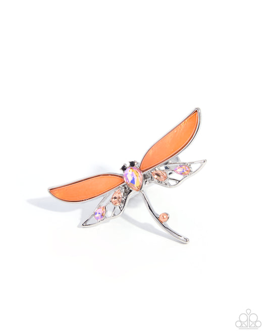 Dragonfly Demo Orange Shell & Gem Stretch Ring by Paparazzi Accessories