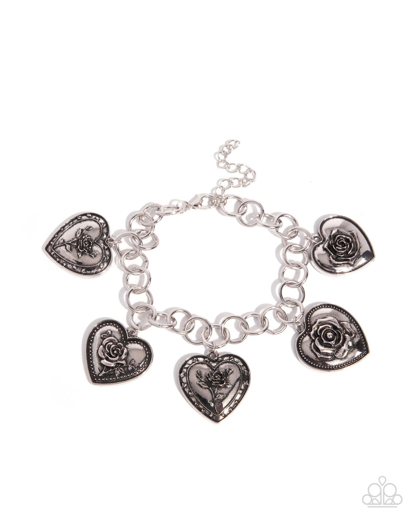 Silver bracelet with heart and rose-shaped charms on a white background