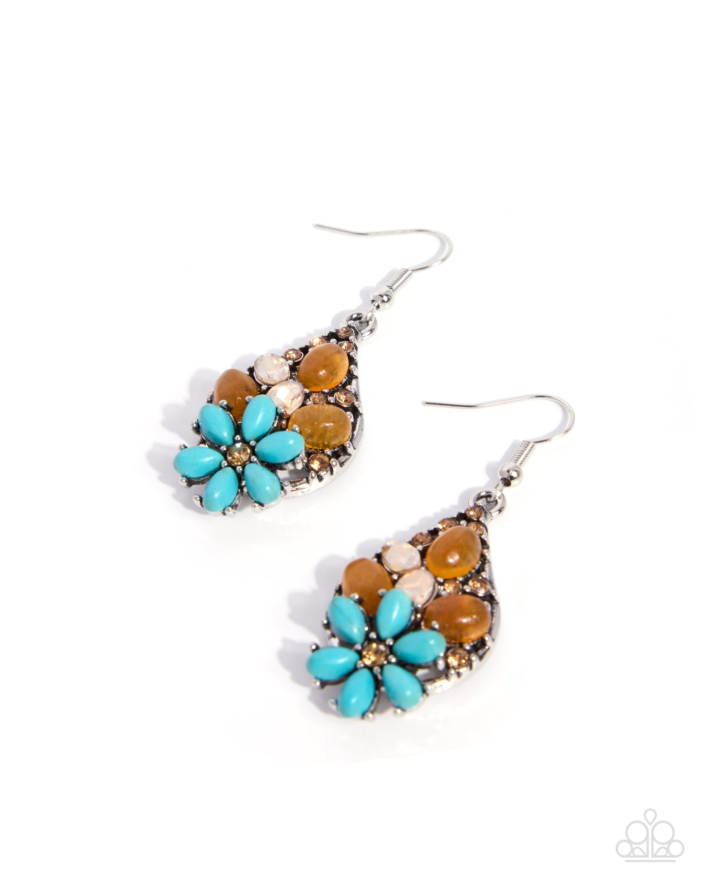A pair of silver-toned teardrop dangle earrings featuring a turquoise flower motif, accented with orange and cream stones, displayed on a clean white background.
