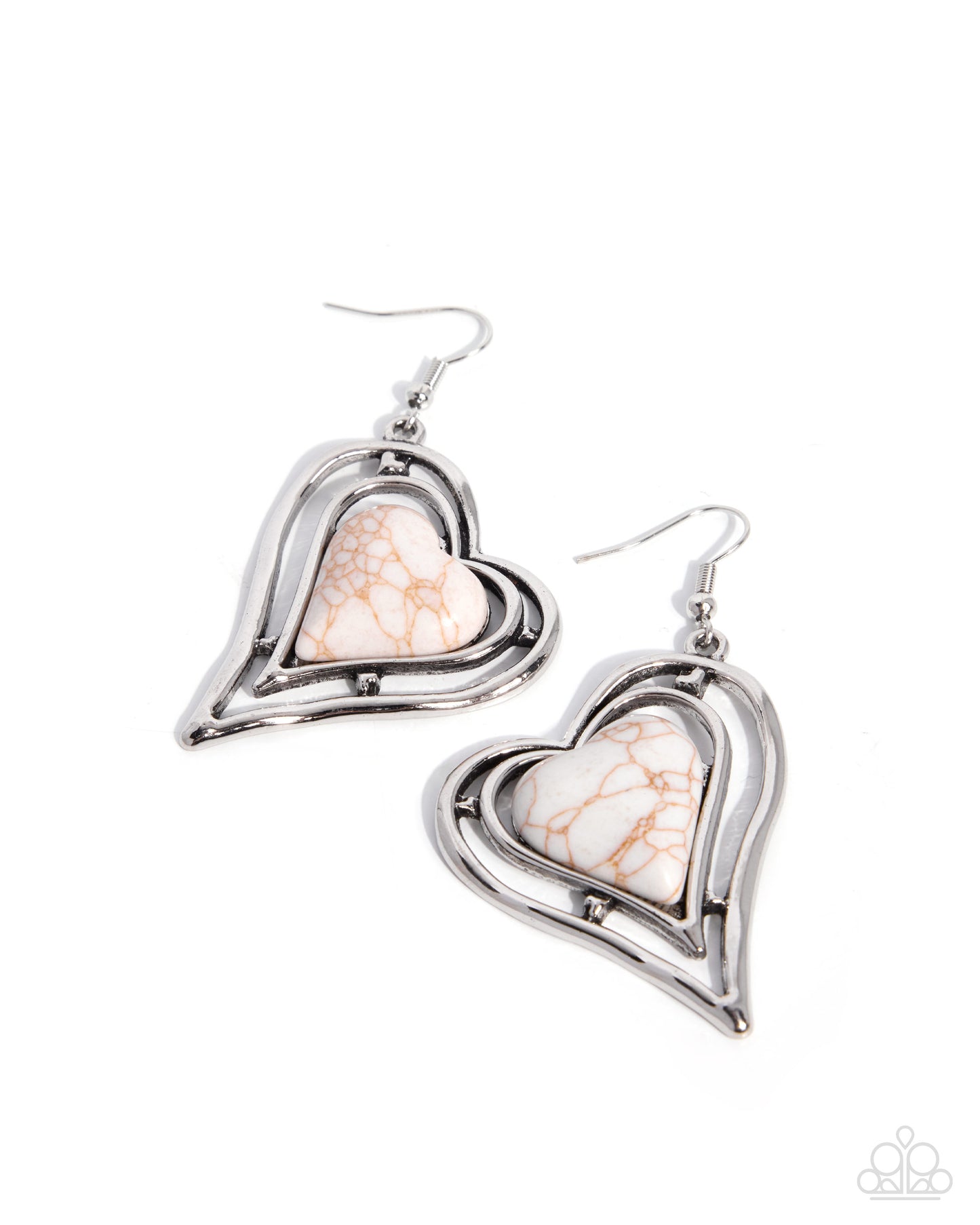 A pair of heart-shaped dangle earrings featuring a polished silver-tone double-heart frame with a central white and beige marbled stone, shown on a plain white background.