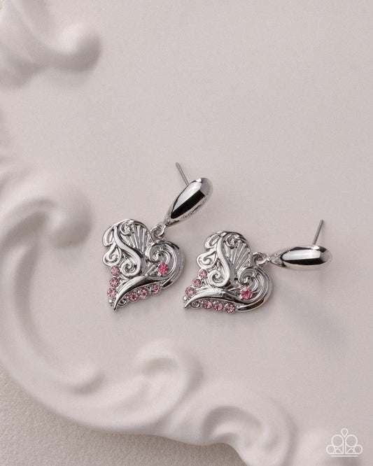 Secret Suitor pink rhinestone heart earring detail