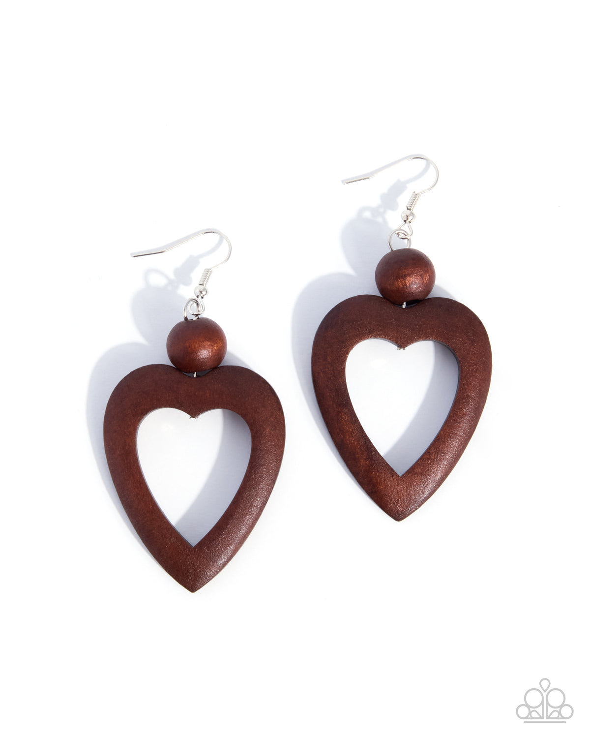 A pair of wooden heart drop earrings with a polished dark brown finish, featuring a small round wooden bead and silver fishhook wires, shown on a clean white background.