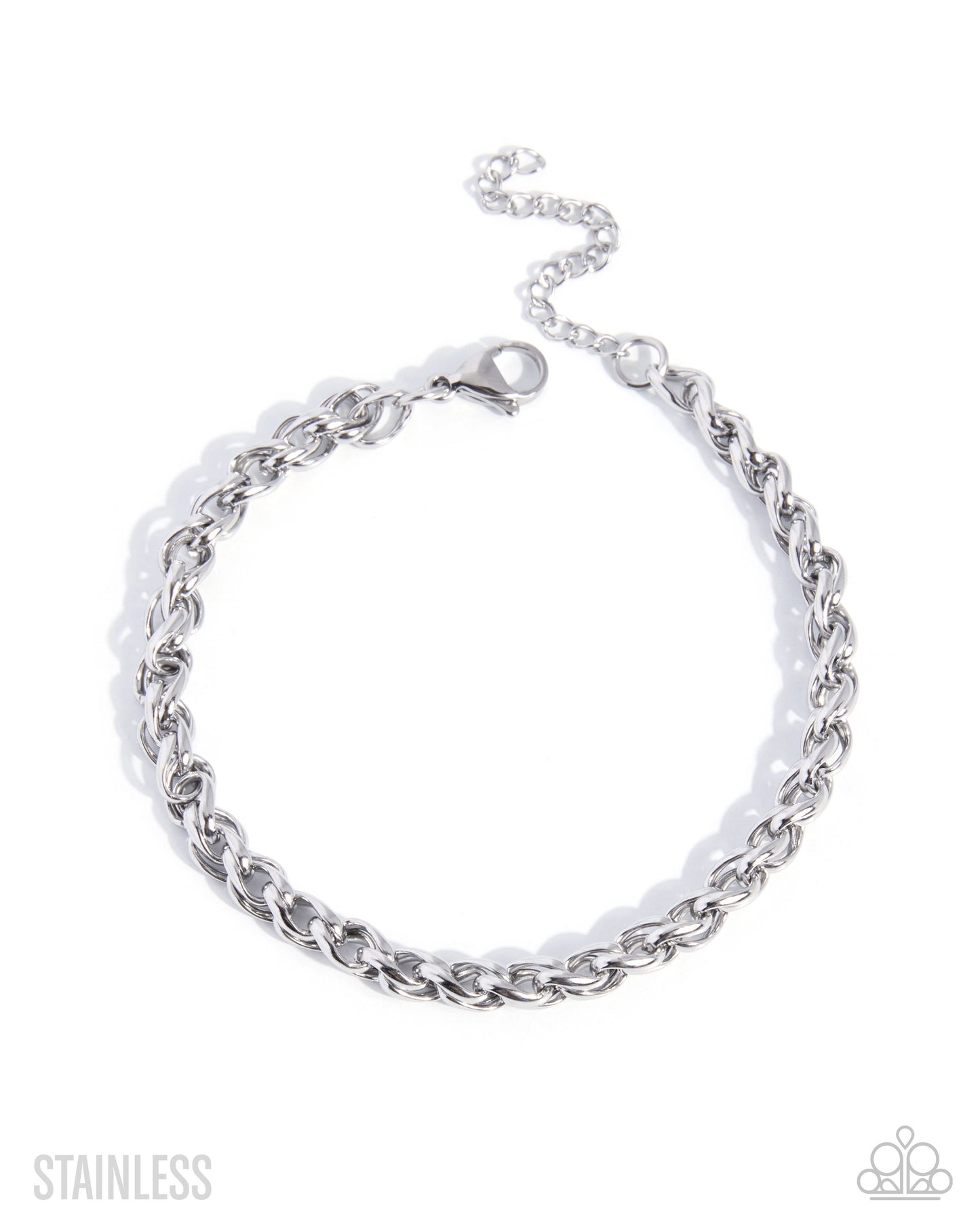 A silver stainless steel curb chain bracelet with a lobster clasp and extender chain, displayed on a clean white background with 'STAINLESS' text in the lower left and a small logo in the lower right.