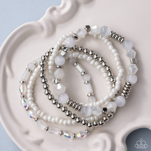 Paparazzi A Beautiful Blend White five-piece stretch bracelet set | Jewelry by Bretta, photo 2