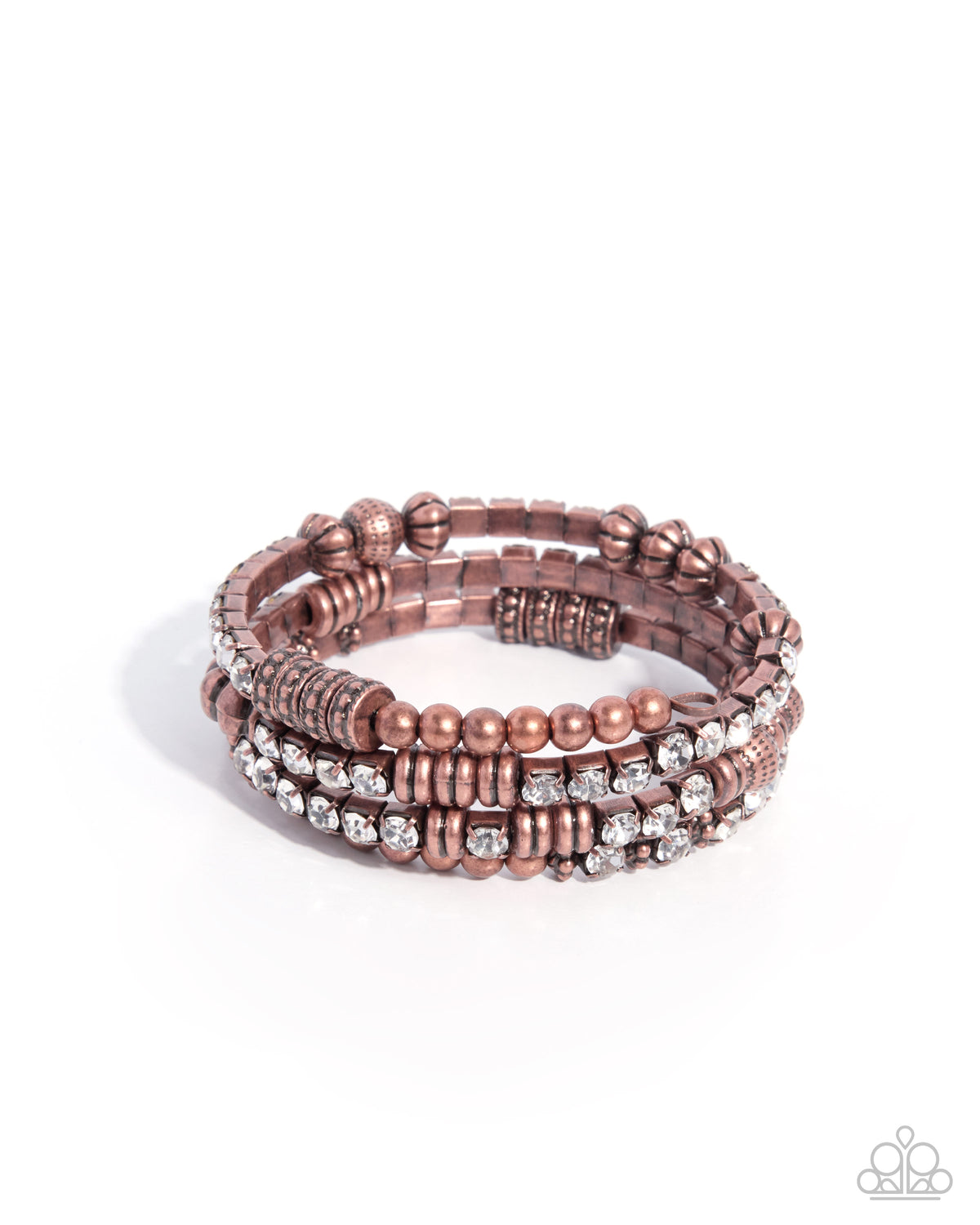 Memorable Musings copper infinity wrap bracelet with textured beads, discs and white square gems by Paparazzi Accessories