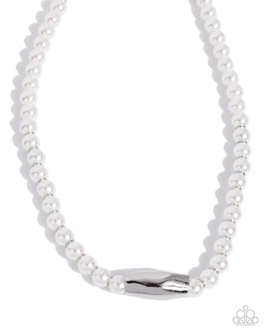 Operatic Observation white pearl necklace front view