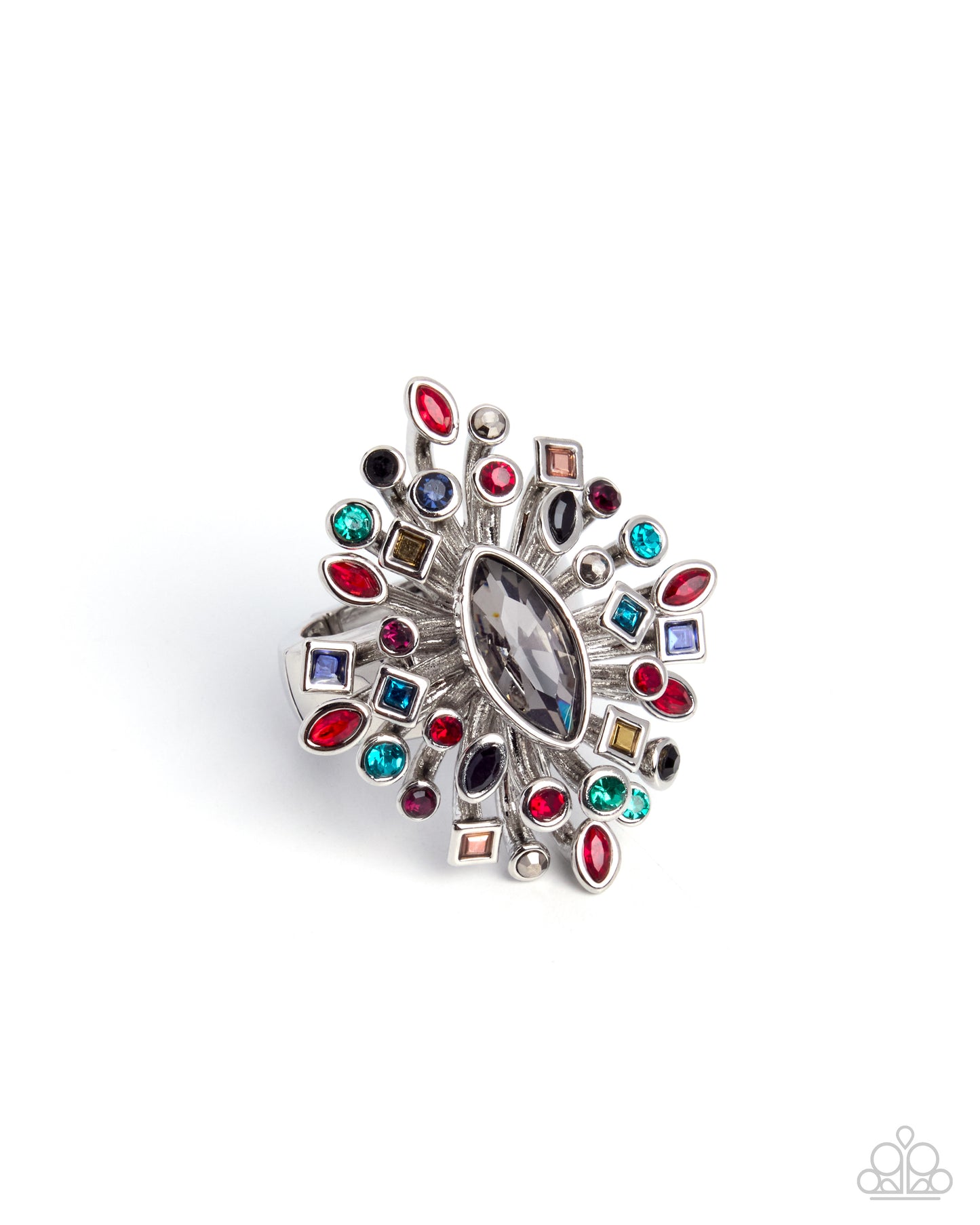 A silver-toned statement ring featuring a large marquise-cut clear crystal in the center, surrounded by multiple smaller colorful gemstones in red, blue, green, black, and brown, set against a plain white background.