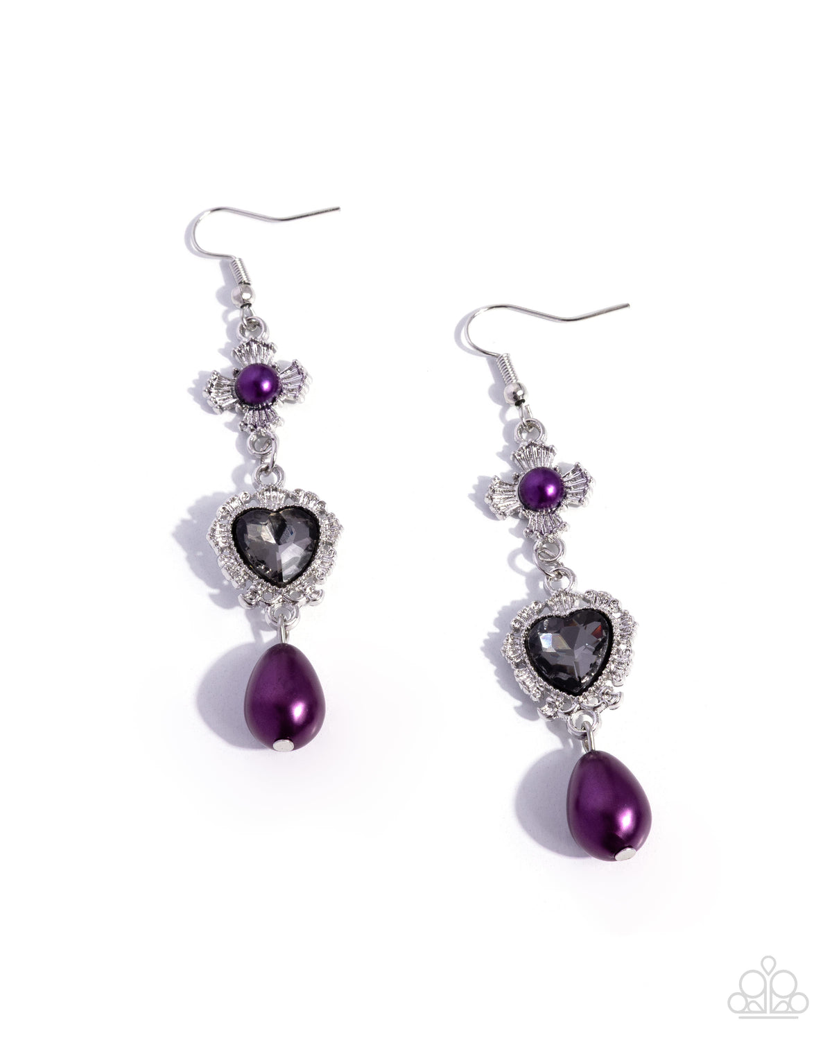 Paparazzi Structured Sweetheart Purple heart and plum pearl dangle earrings | Jewelry by Bretta, photo 1