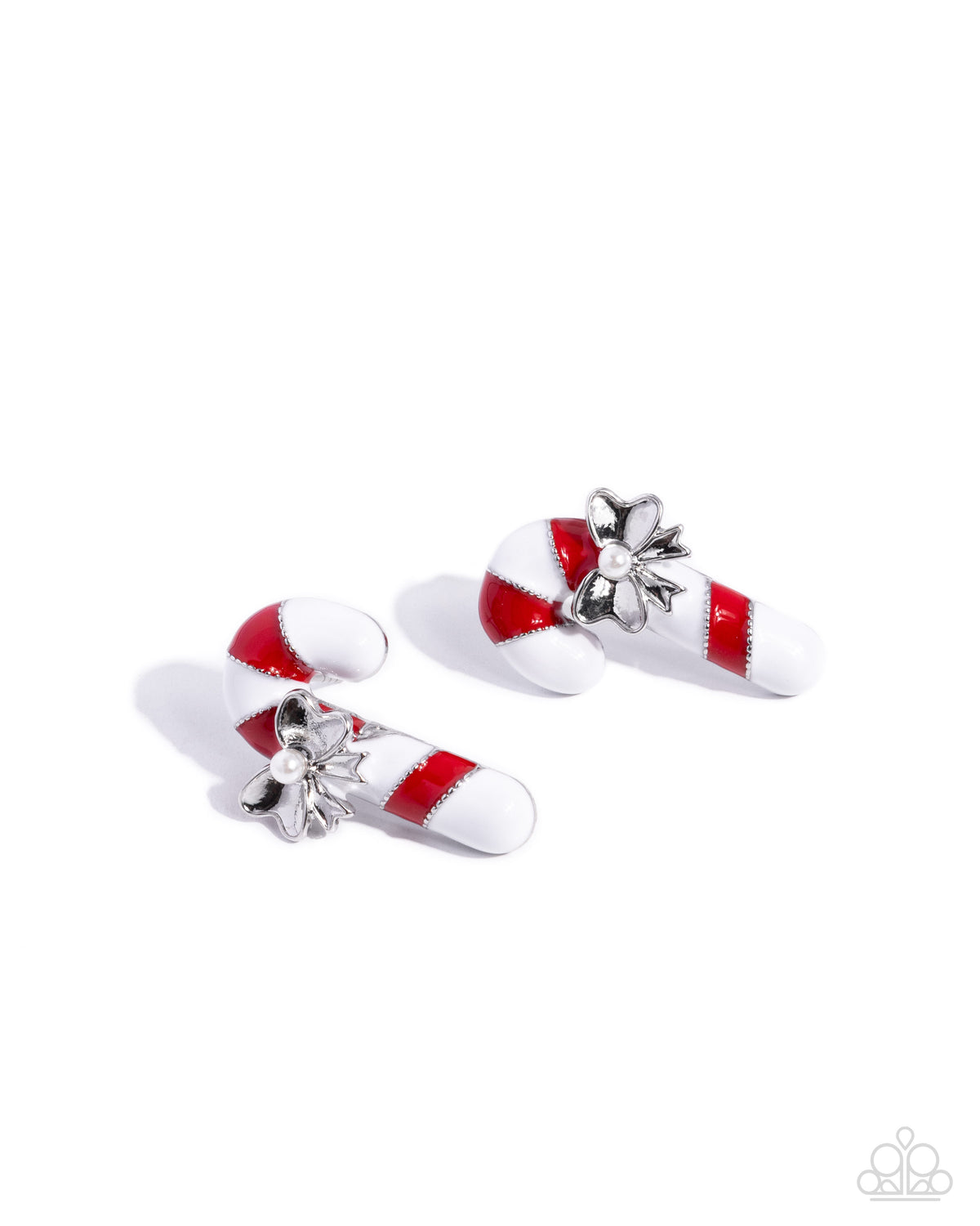 Captivating Candy Cane red and white post earrings with silver bows and white pearl accents - Paparazzi Accessories at Jewelry by Bretta