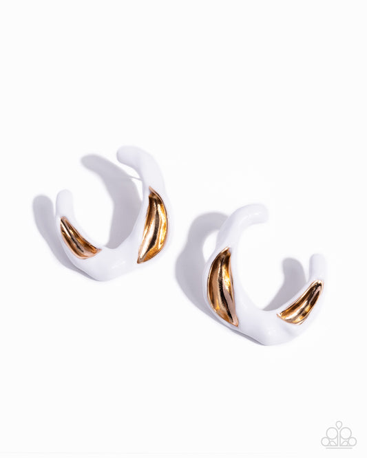 Adorable Anticipation curved white post earrings with abstract gold accents - Paparazzi Accessories at Jewelry by Bretta