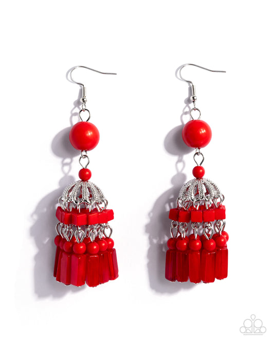 Chandelier Construction Red Beaded Fringe Earrings by Paparazzi Accessories