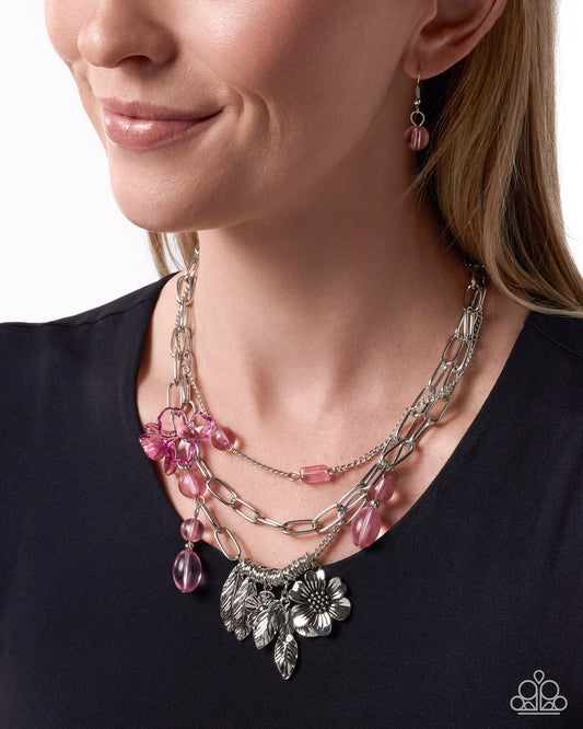 Paparazzi Futuristic Freestyle Pink floral layered silver necklace with matching earrings | Jewelry by Bretta, photo 2