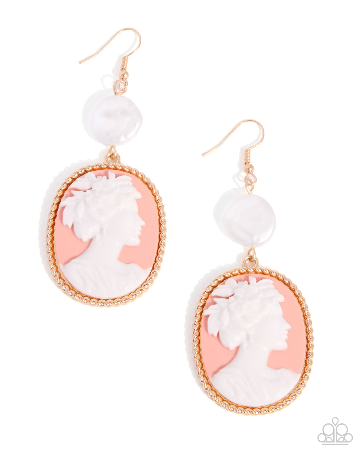 A pair of dangle earrings featuring oval white cameo-style profiles set in a peach-pink background, framed by gold-toned rope borders, with a small round white bead below each pendant. Photographed on a clean white background.