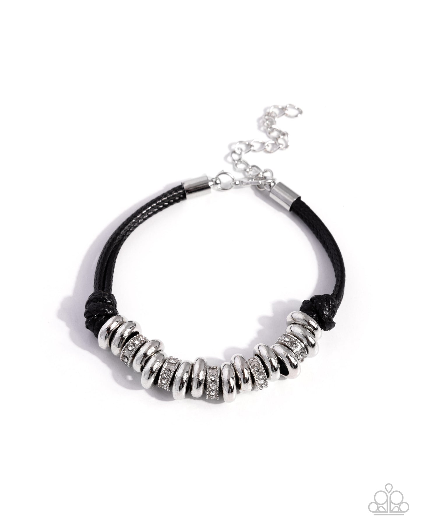 A black braided cord bracelet featuring a row of textured silver disc beads with clear rhinestones, a silver metal clasp, and an adjustable silver chain extender, shown on a white background.