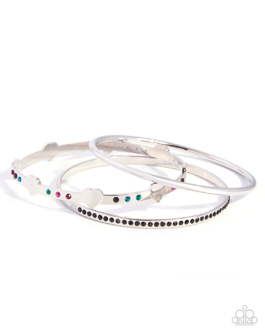 Romantic Request black multicolor rhinestone heart silver bangle bracelet set by Paparazzi Accessories