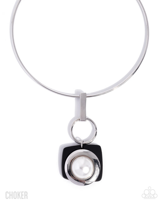 Black acrylic and white pearl choker necklace with silver bar details