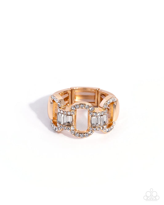 Interlocked Ideology gold chain-link stretch ring with white rhinestones and emerald-cut gems - Paparazzi Accessories at Jewelry by Bretta