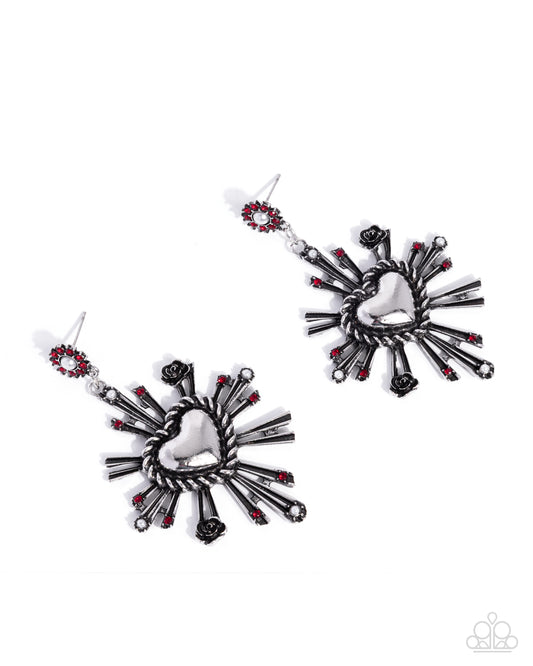 Structured Sunburst Red Pearl Heart Earrings by Paparazzi Accessories
