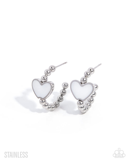 Heartfelt Hierarchy White Heart Hoop Earrings - Paparazzi Accessories at Jewelry by Bretta