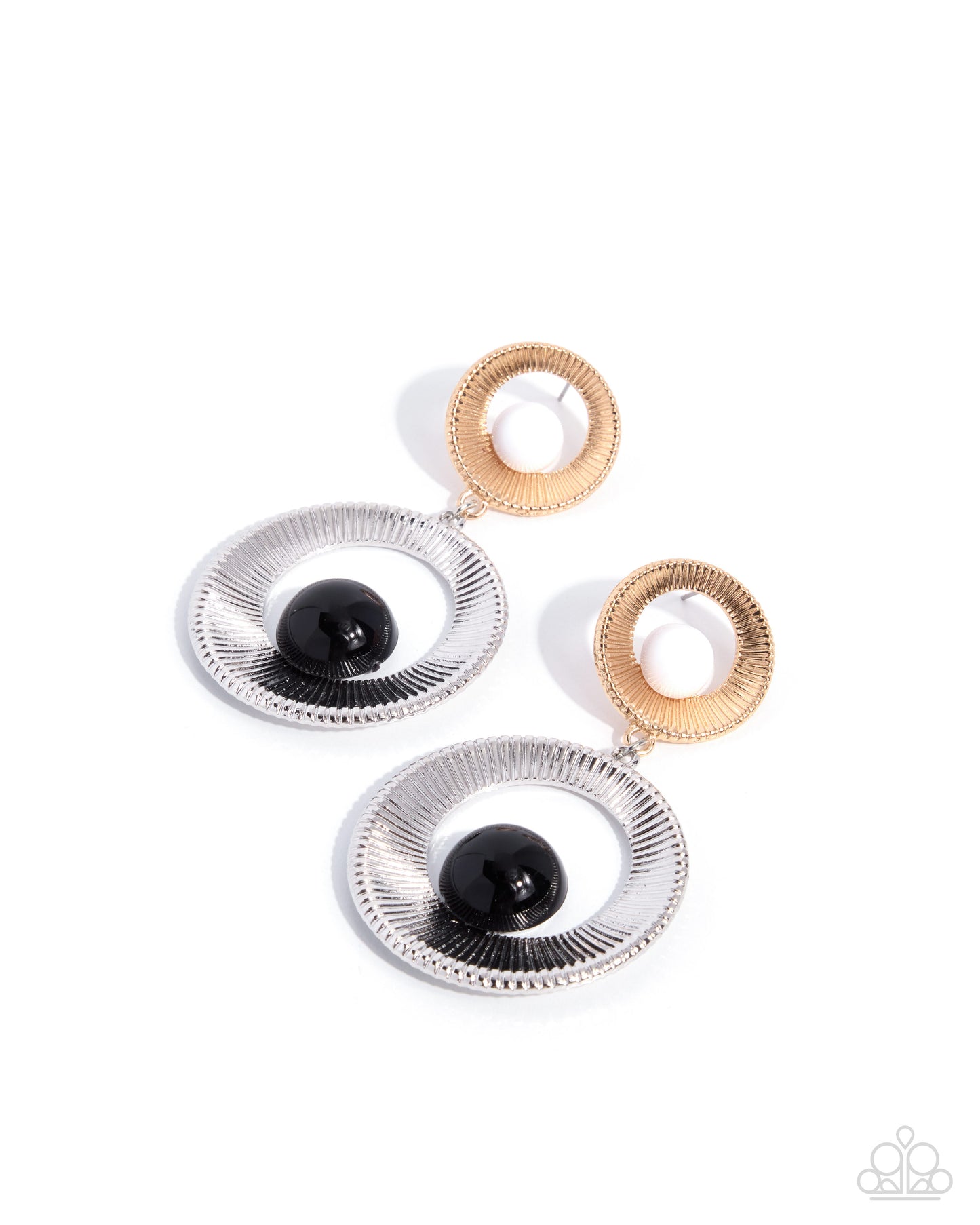 A pair of statement dangle earrings featuring textured silver and gold-tone circular hoops with a central glossy black bead, displayed on a clean white background.