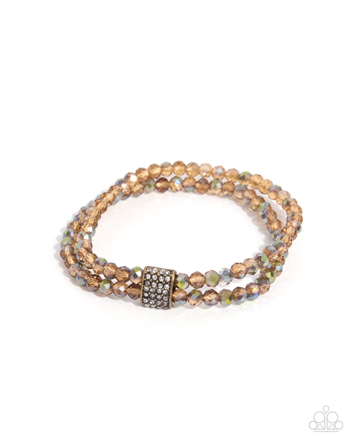 Engaged Elegance brass stretch bracelet with peach shimmer beads and white rhinestone accents by Jewelry by Bretta