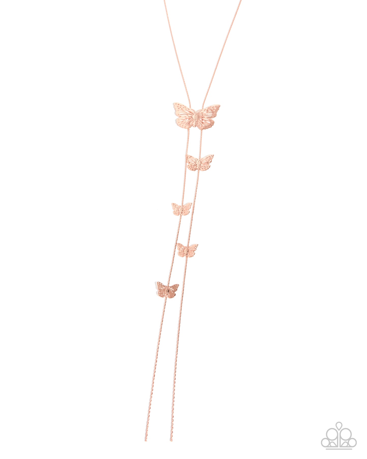 A rose gold lariat necklace featuring a main chain with four smaller dangling butterfly charms, displayed on a clean white background.