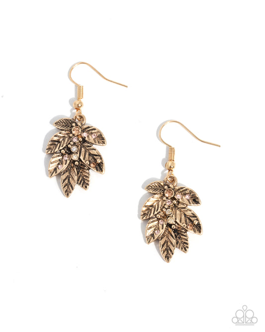 Autumnal Leaves gold leaf dangle earrings by Paparazzi Accessories at Jewelry by Bretta - product photo 1