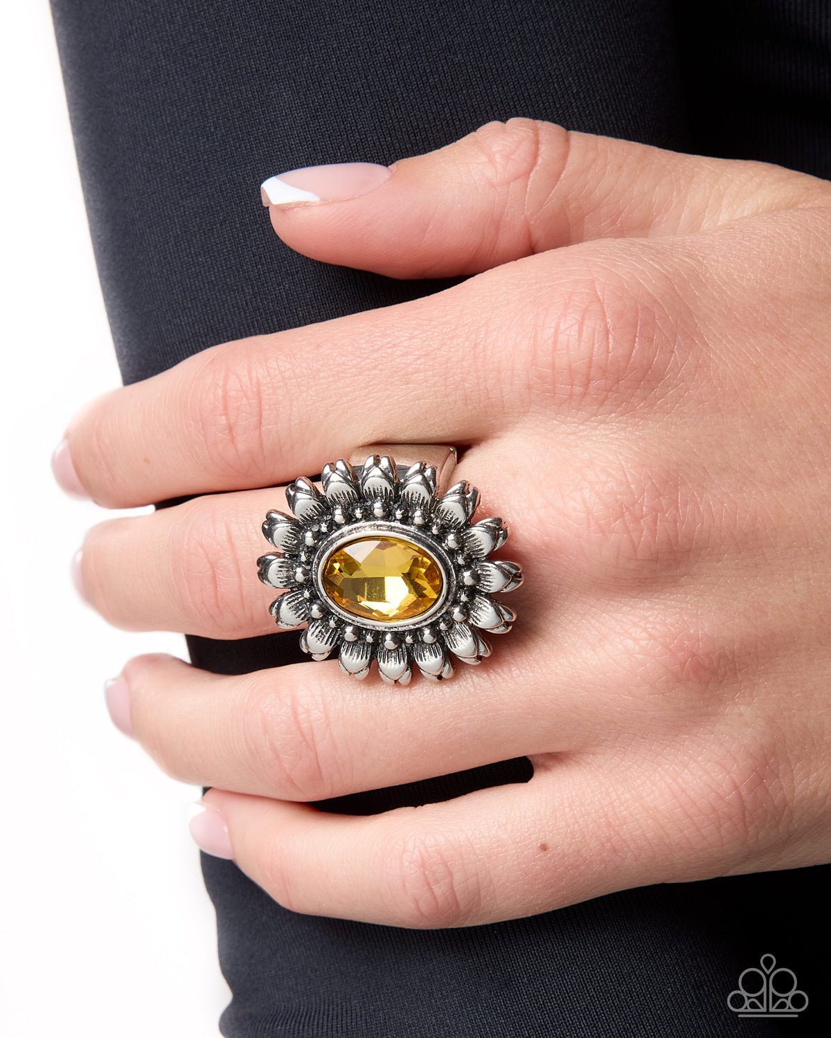 Sunflower Sonnet yellow sunflower ring by Paparazzi Accessories at Jewelry by Bretta - view 2