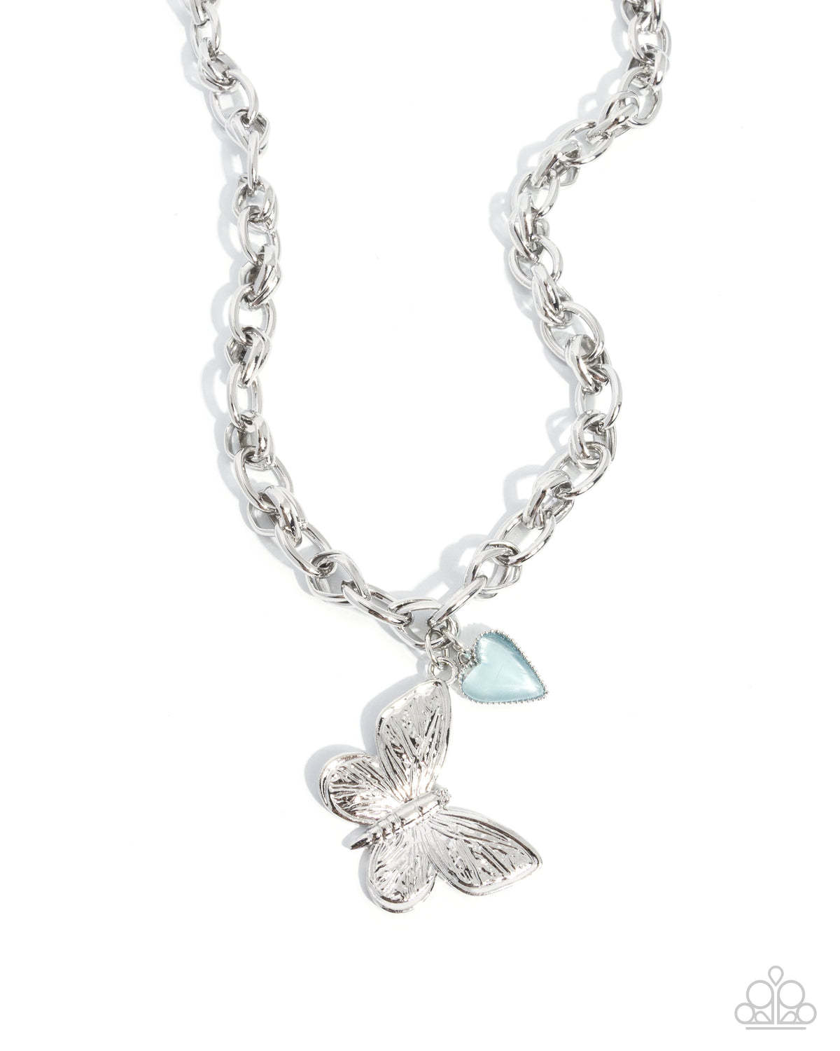 Budget Butterfly silver butterfly pendant necklace with blue cat's eye heart charm - Paparazzi Accessories at Jewelry by Bretta