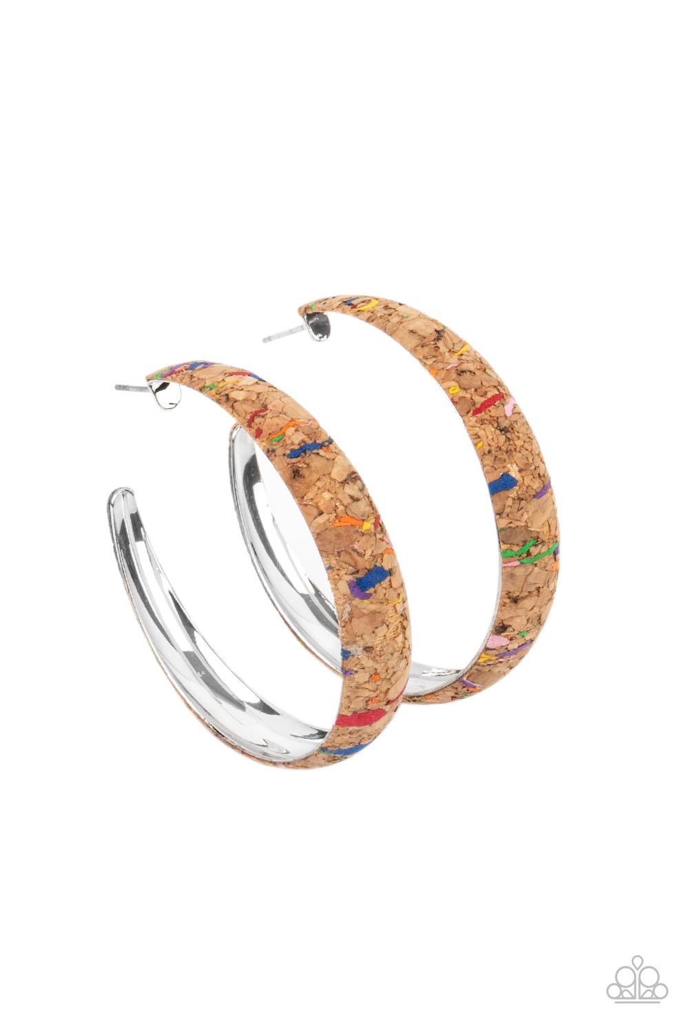 Hoop earrings with cork and metallic accents on a white background