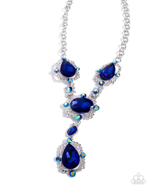 Necklace with blue teardrop-shaped stones on a white background