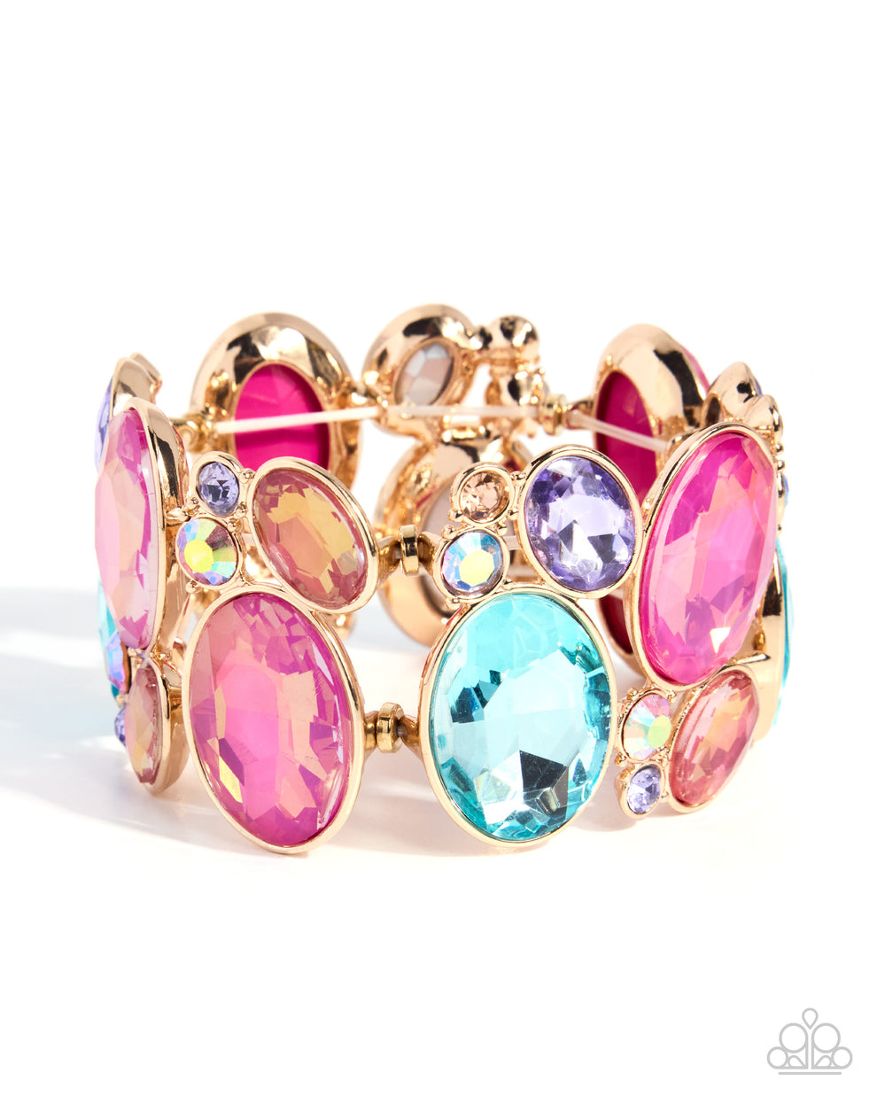 Multicolored gemstone bracelet with gold accents on a white background