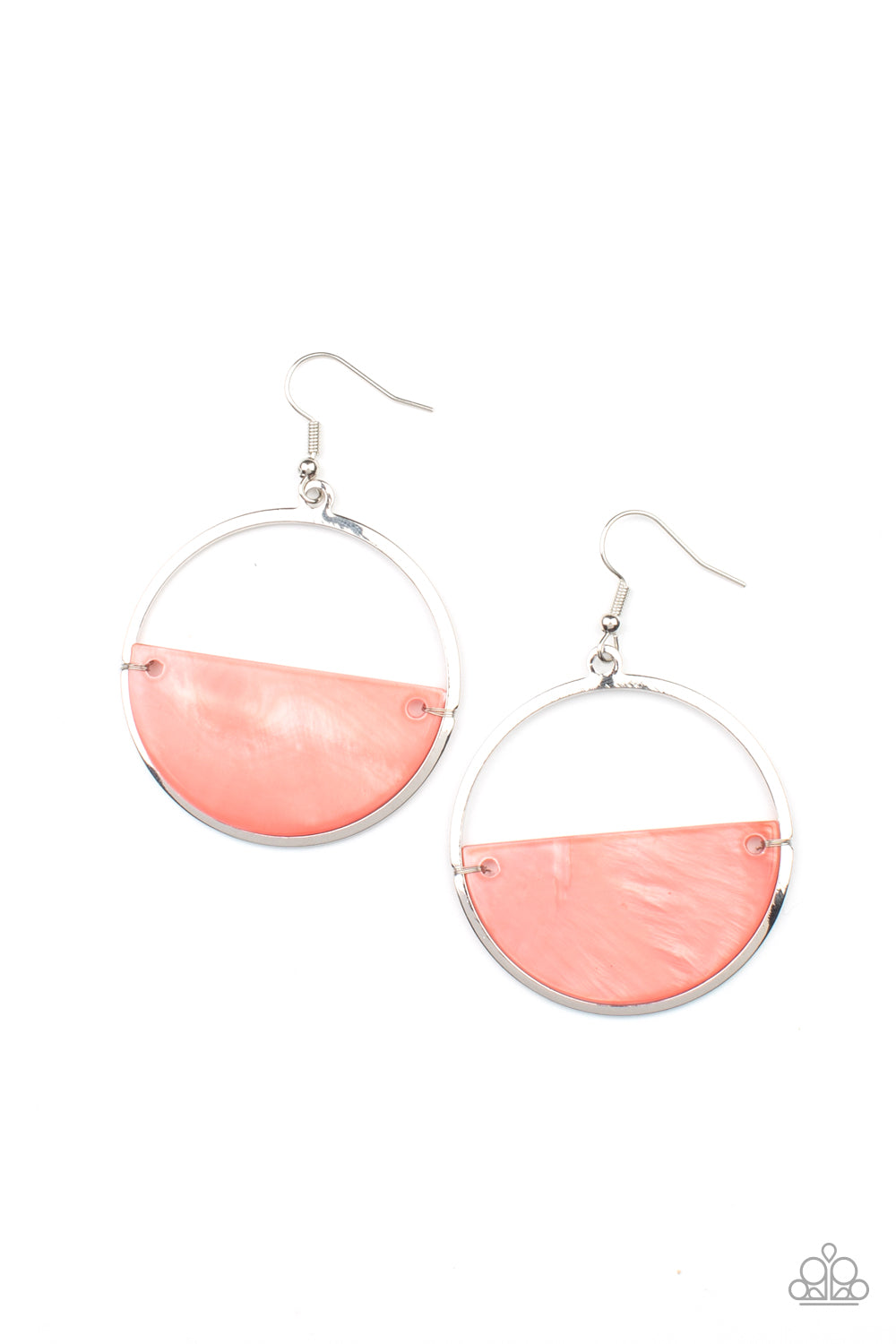 Pair of earrings with pink and clear half-circle design on a white background