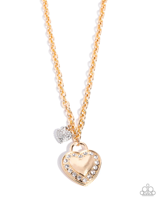 Unforgettable Union Multi gold heart padlock rhinestone necklace by Paparazzi Accessories