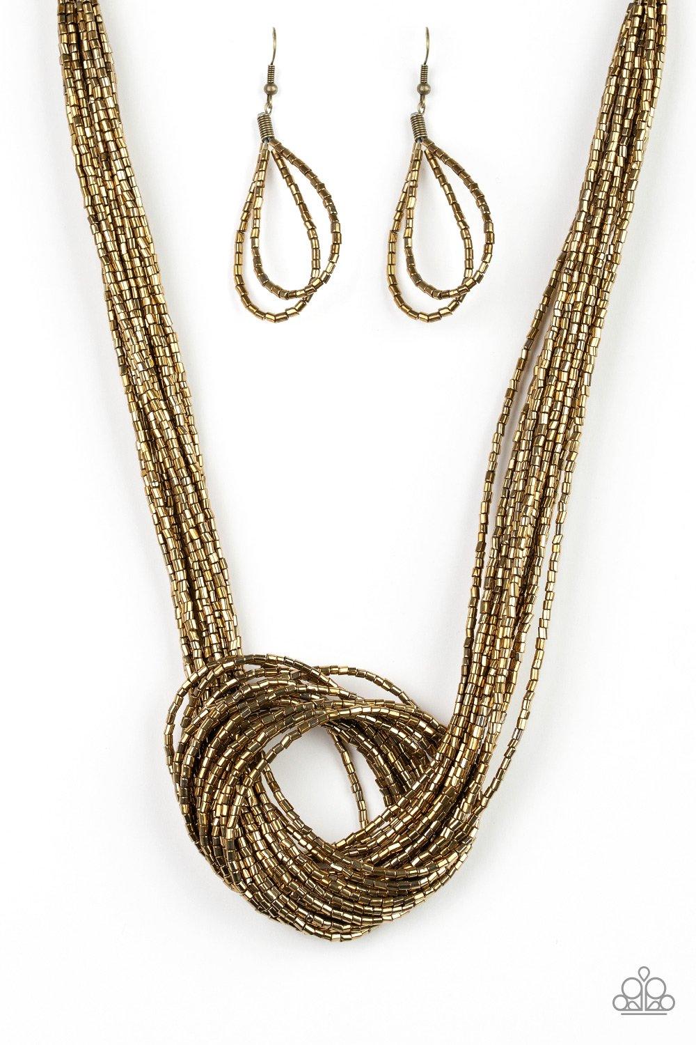 Paparazzi Accessories-Knotted Knockout - Brass Seed Bead Necklace