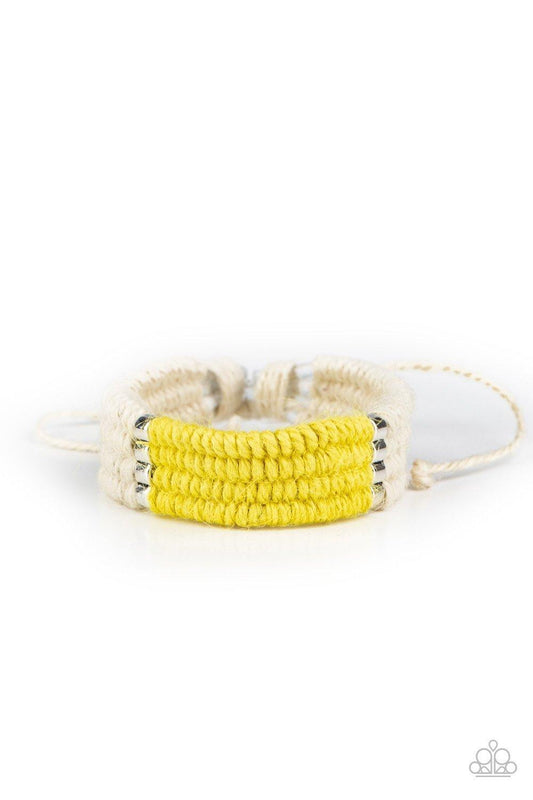 Hot Cross Bungee adjustable yellow twine bracelet with metallic accents